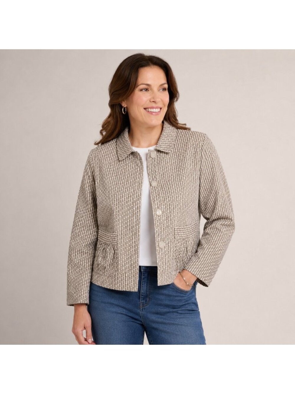 Christopher & Banks Jacket Medium Brown Cream Striped Button Front Cropped...